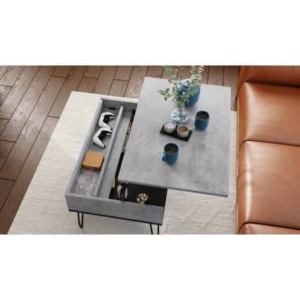Masă de cafea HALIJA cu blat rabatabil și raft, gri beton / negru