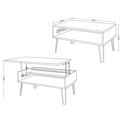 Masă de cafea HALIJA cu blat rabatabil și raft, gri beton / negru