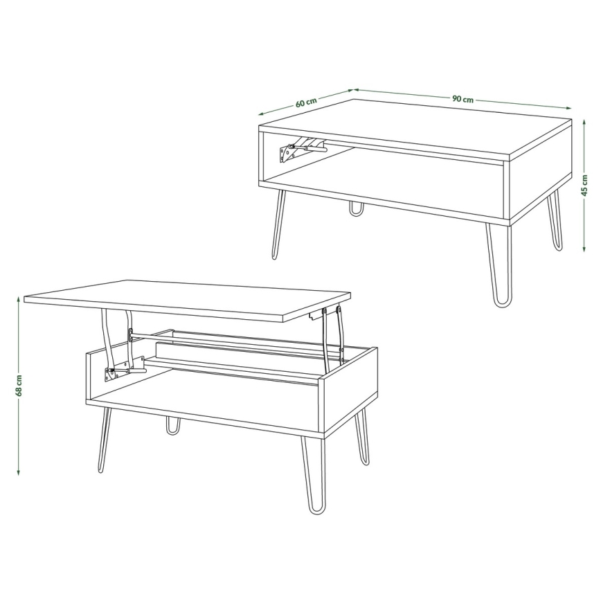 Masă de cafea HALIJA cu blat rabatabil și raft, gri beton / negru