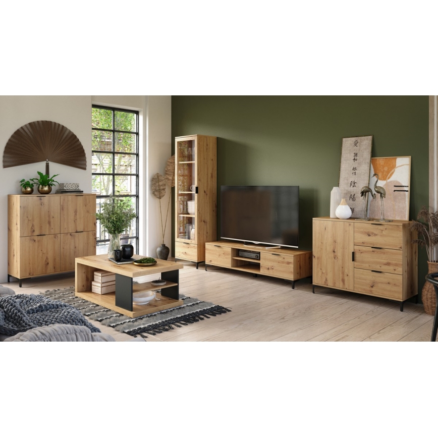 Masă de cafea LORA cu poliță și spațiu de depozitare, stejar artisan/negru