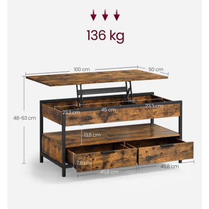 Masă de cafea NYRO cu blat rabatabil, maro/negru