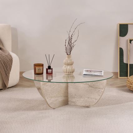 Masă de cafea VERE, Ø 90 cm, bej/transparentă