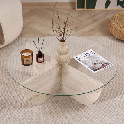 Masă de cafea VERE, Ø 90 cm, bej/transparentă