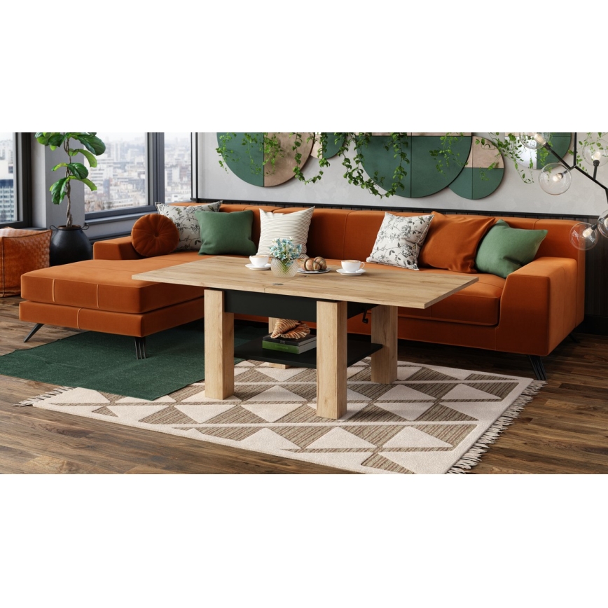 Masă de centru extensibilă cu blat rabatabil CALEB 75/150x75 cm stejar craft/negru