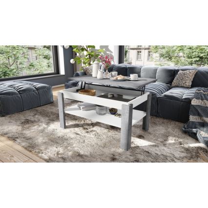 Masă de cafea extensibilă ADEN cu blat rabatabil și poliță, gri beton/ alb