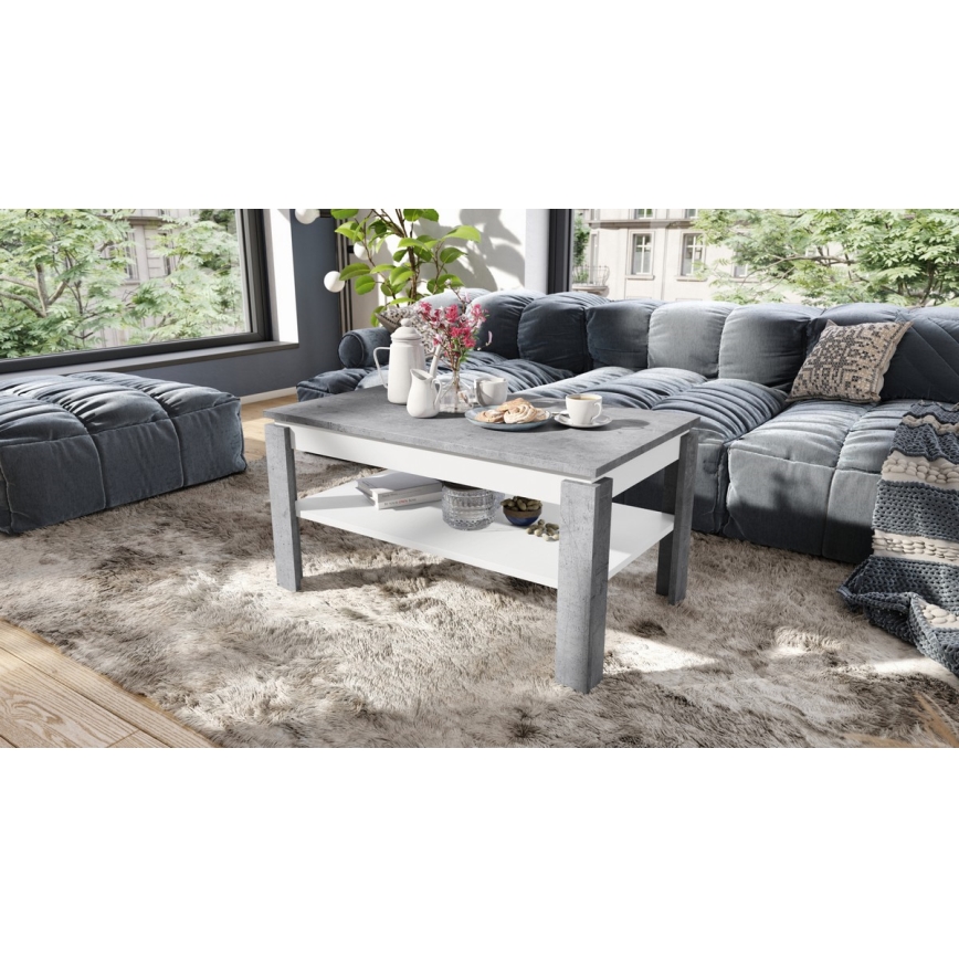 Masă de cafea extensibilă ADEN cu blat rabatabil și poliță, gri beton/ alb