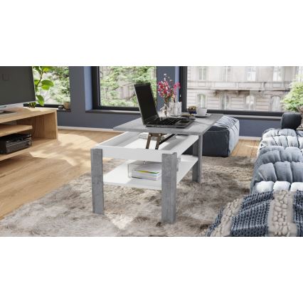 Masă de cafea extensibilă ADEN cu blat rabatabil și poliță, gri beton/ alb
