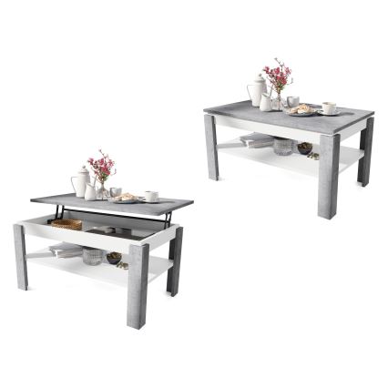 Masă de cafea extensibilă ADEN cu blat rabatabil și poliță, gri beton/ alb