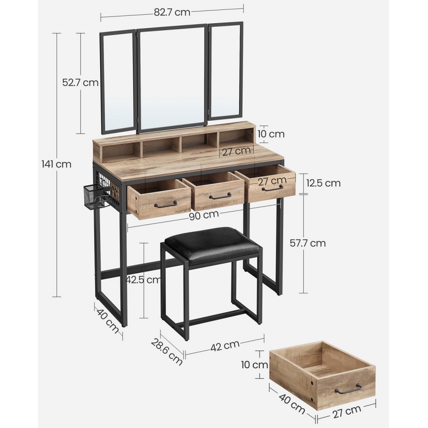 Masă de toaletă cu taburet FLORA, 28,6x42 cm, maro/negru