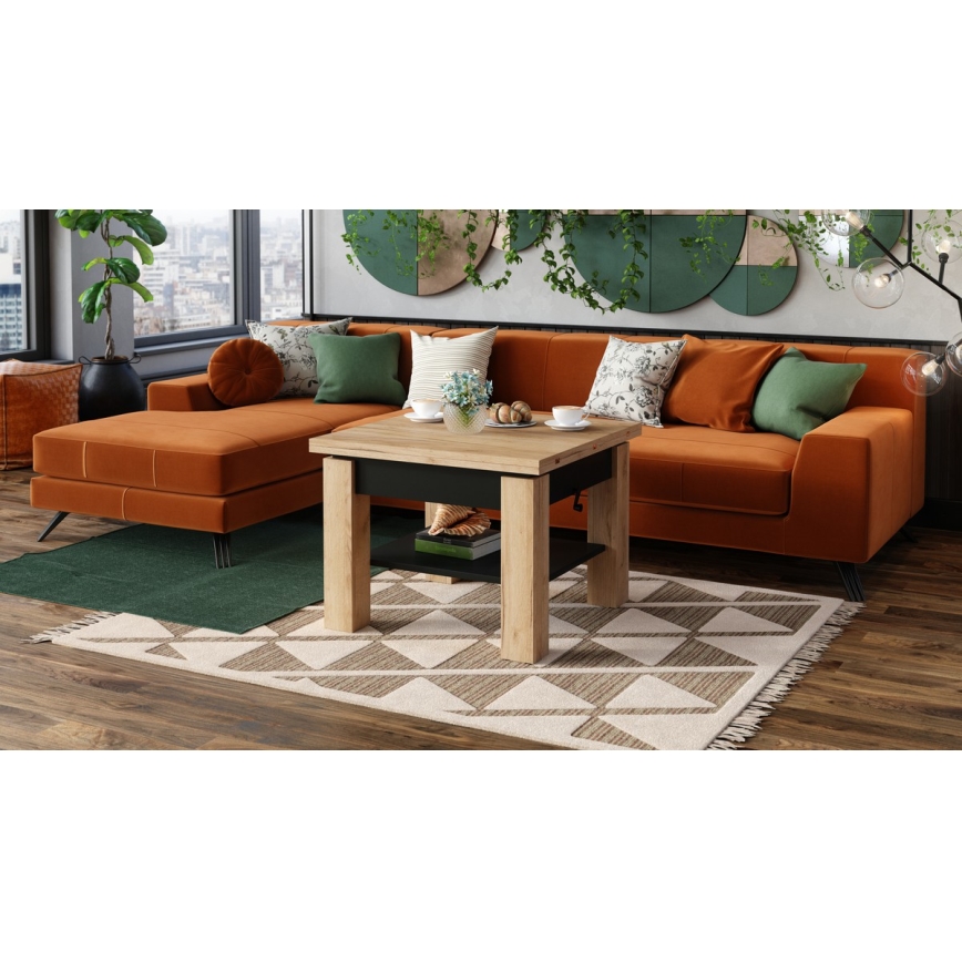 Masă extensibilă CALEB, de cafea și dining, cu blat rabatabil, stejar craft/negru