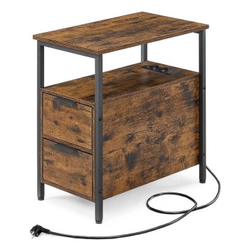 Masă laterală ROD cu prize integrate și porturi USB, maro/negru