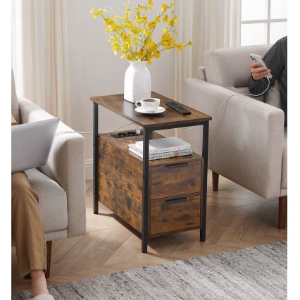 Masă laterală ROD cu prize integrate și porturi USB, maro/negru