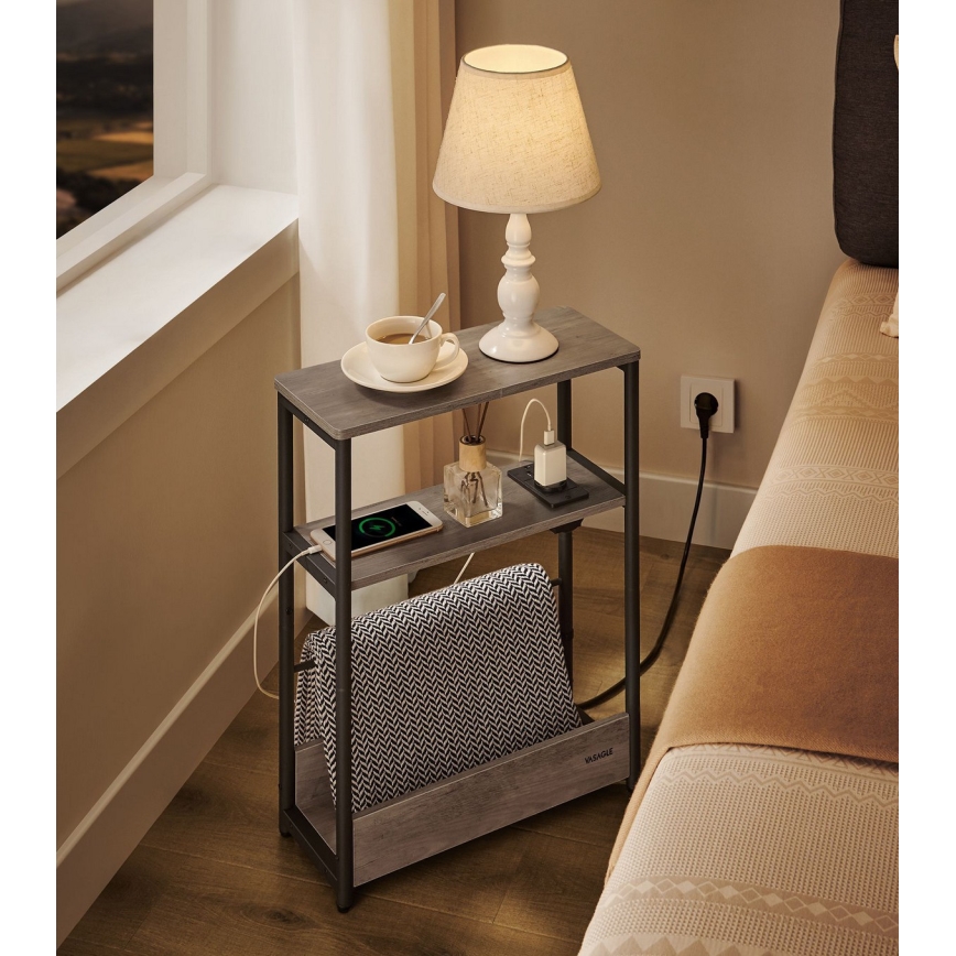 Masă laterală ROD, maro/negru, cu priză încorporată și porturi USB