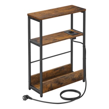 Masă laterală ROD, maro/negru, cu priză integrată și porturi USB