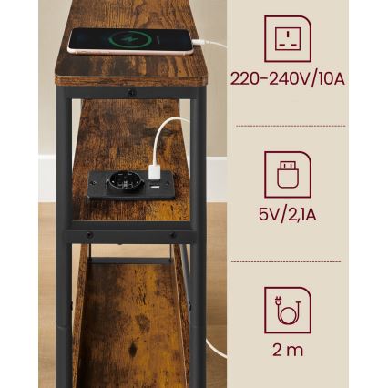 Masă laterală ROD, maro/negru, cu priză integrată și porturi USB