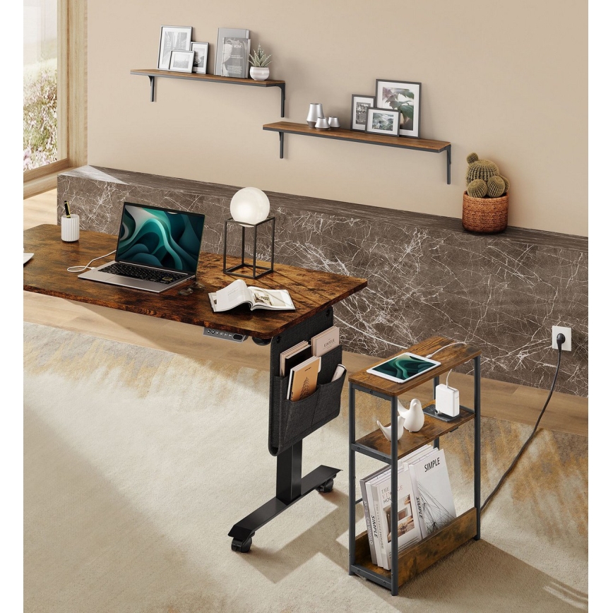 Masă laterală ROD, maro/negru, cu priză integrată și porturi USB