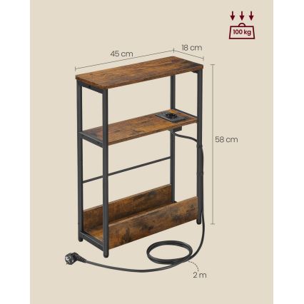 Masă laterală ROD, maro/negru, cu priză integrată și porturi USB