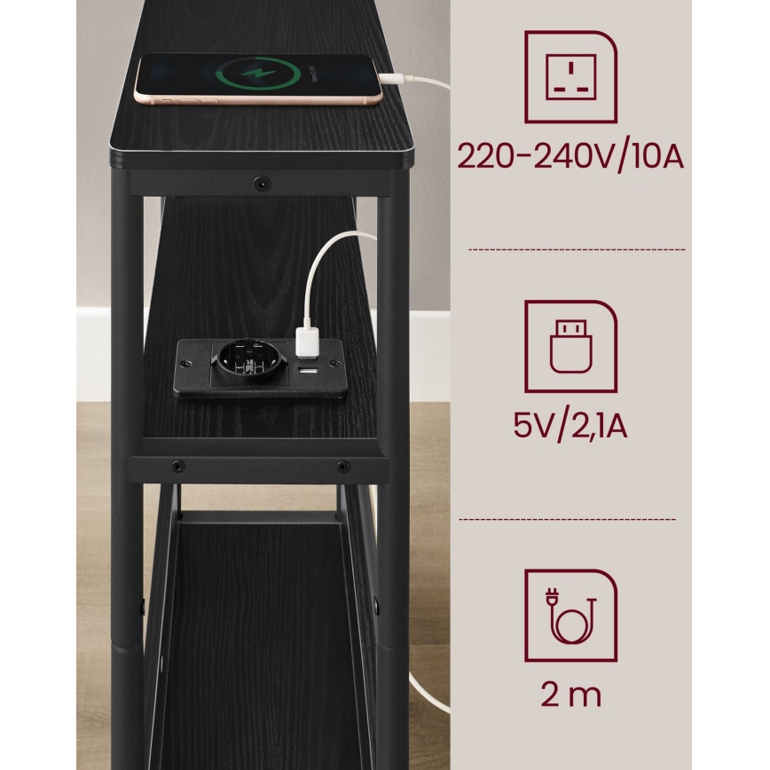 Masă laterală ROD, neagră, cu priză încorporată și porturi USB