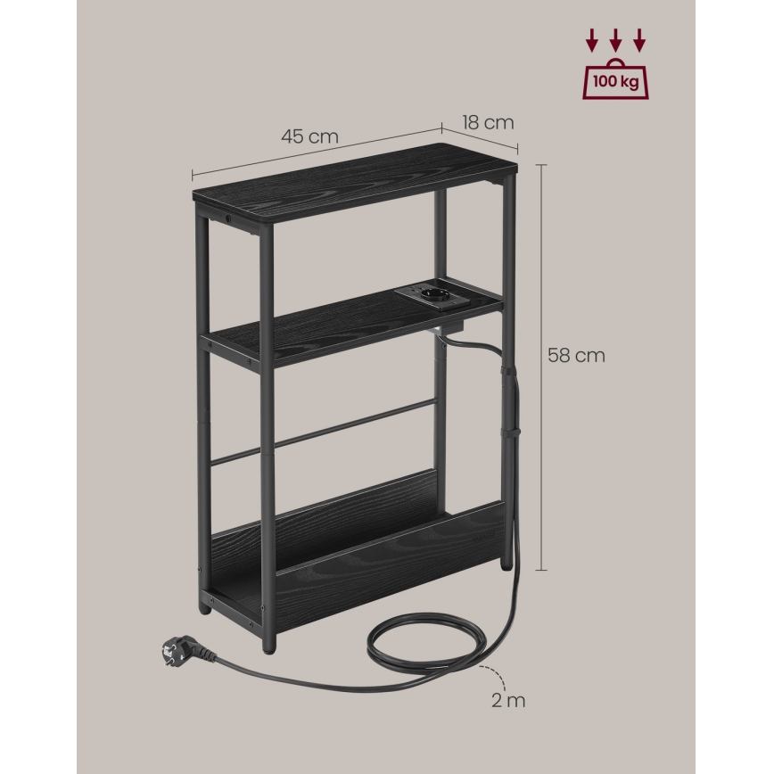 Masă laterală ROD, neagră, cu priză încorporată și porturi USB