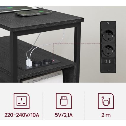 Masă laterală ROD, neagră, cu prize și porturi USB încorporate