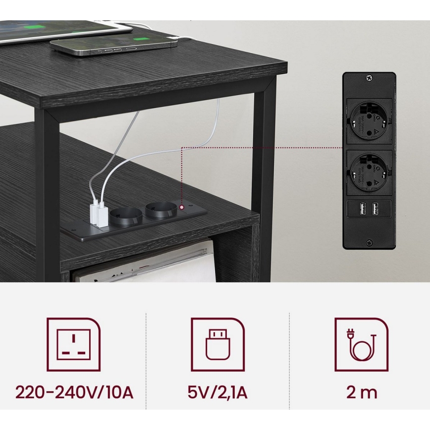 Masă laterală ROD, neagră, cu prize și porturi USB încorporate