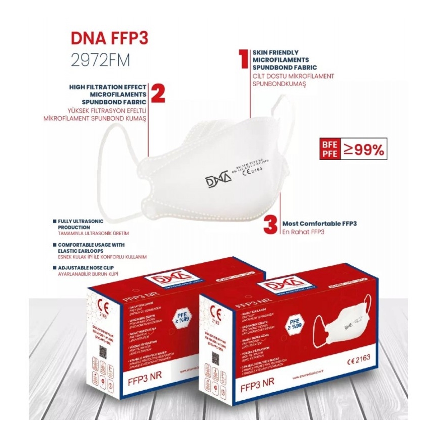 Mască de protecție respiratorie FFP3 NR CE 2163 Medical DNA 1 buc.