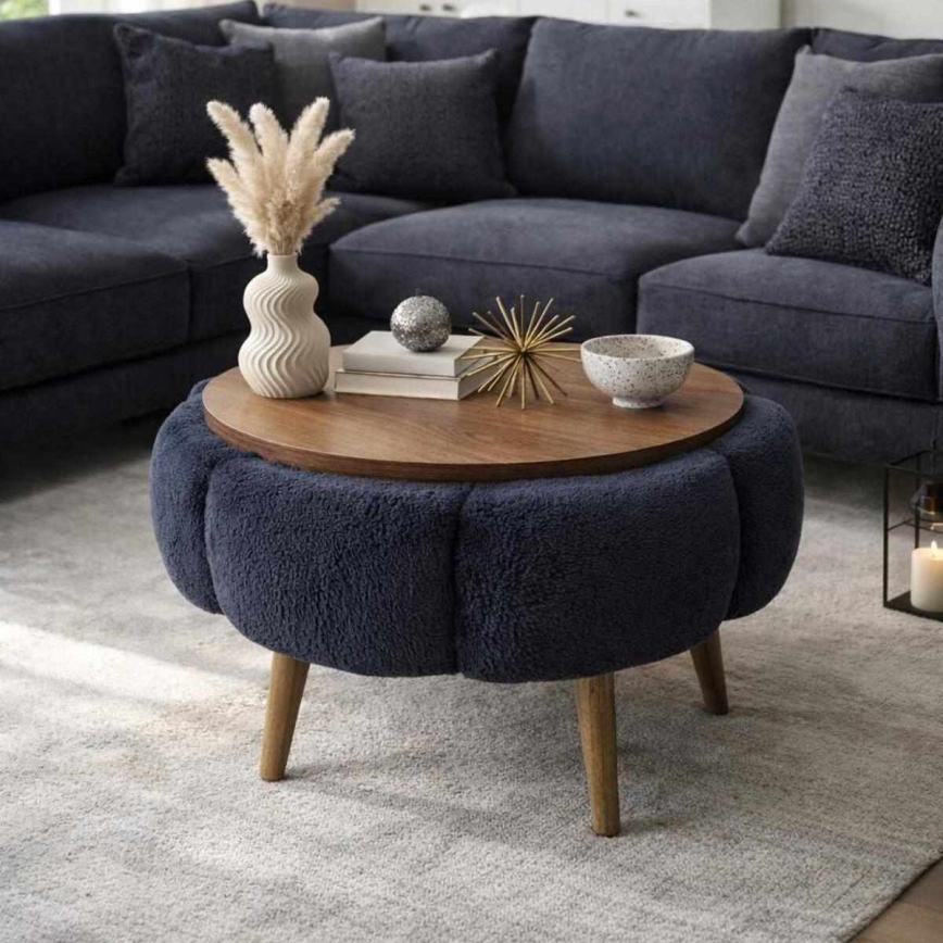 Măsuță de cafea FELPO, diametru 60 cm, albastru/nuc