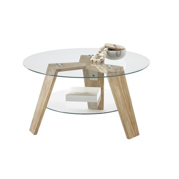 Măsuță de cafea TITAN, Ø 75 cm, sticlă transparentă/stejar