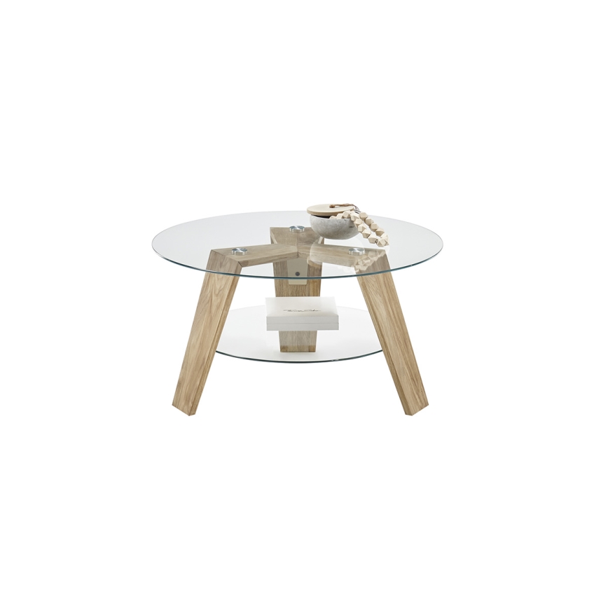 Măsuță de cafea TITAN, Ø 75 cm, sticlă transparentă/stejar
