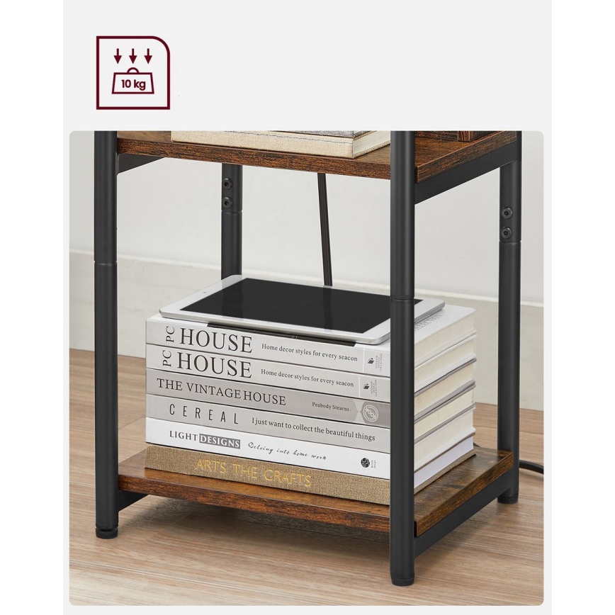 Măsuță laterală ROD cu prize integrate și porturi USB, maro/negru