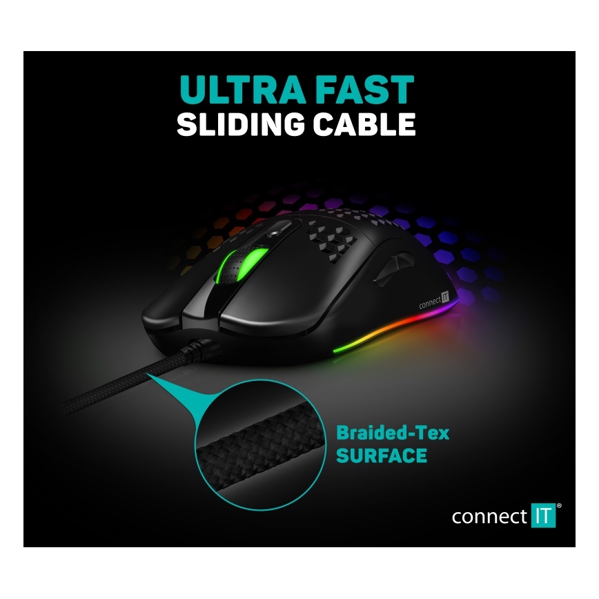 Maus LED RGB cu fir pentru jocuri video CONNECT IT CMO-5511-BK 200-12800 DPI negru