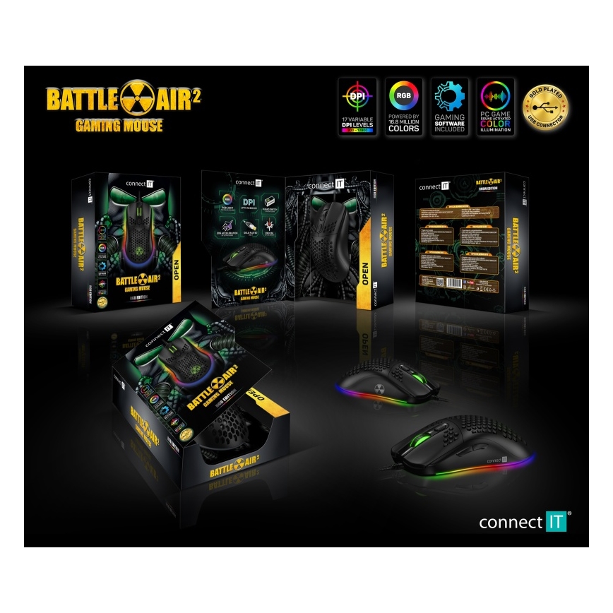 Maus LED RGB cu fir pentru jocuri video CONNECT IT CMO-5511-BK 200-12800 DPI negru
