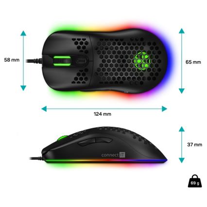 Maus LED RGB cu fir pentru jocuri video CONNECT IT CMO-5511-BK 200-12800 DPI negru