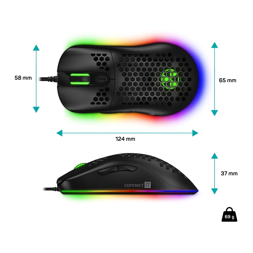 Maus LED RGB cu fir pentru jocuri video CONNECT IT CMO-5511-BK 200-12800 DPI negru