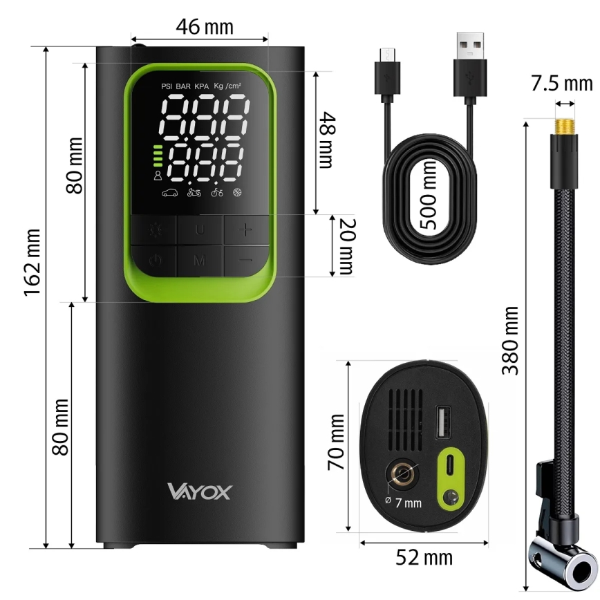 Mini compresor digital portabil 5 V, 8000 mAh, negru