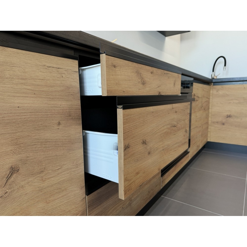 Mobilă de bucătărie MARINA 180 cm, stejar craft/negru lucios