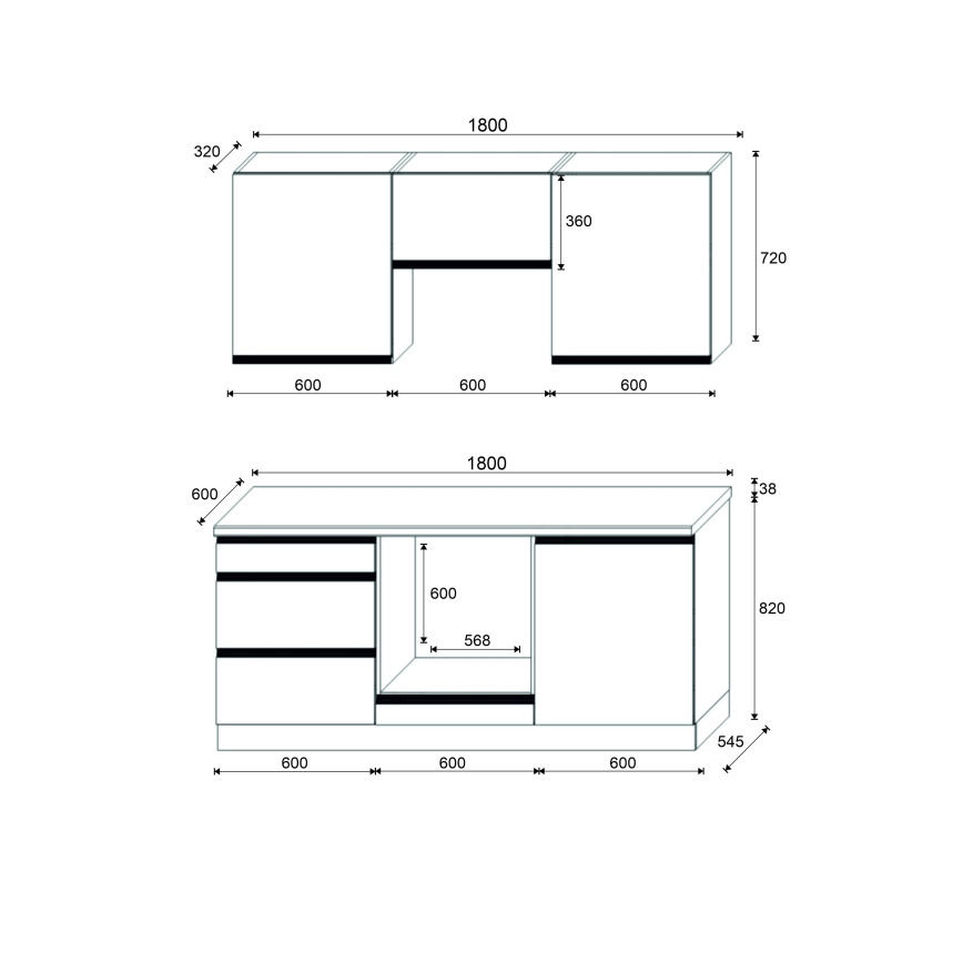 Mobilă de bucătărie MARINA 180 cm, stejar craft/negru lucios
