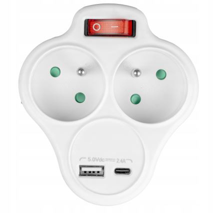 Multipriză cu 2 prize și întrerupător + USB-C + USB-A