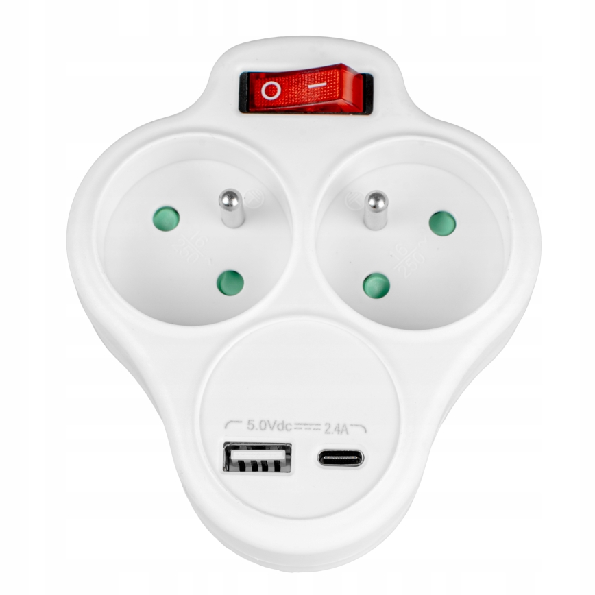 Multipriză cu 2 prize și întrerupător + USB-C + USB-A