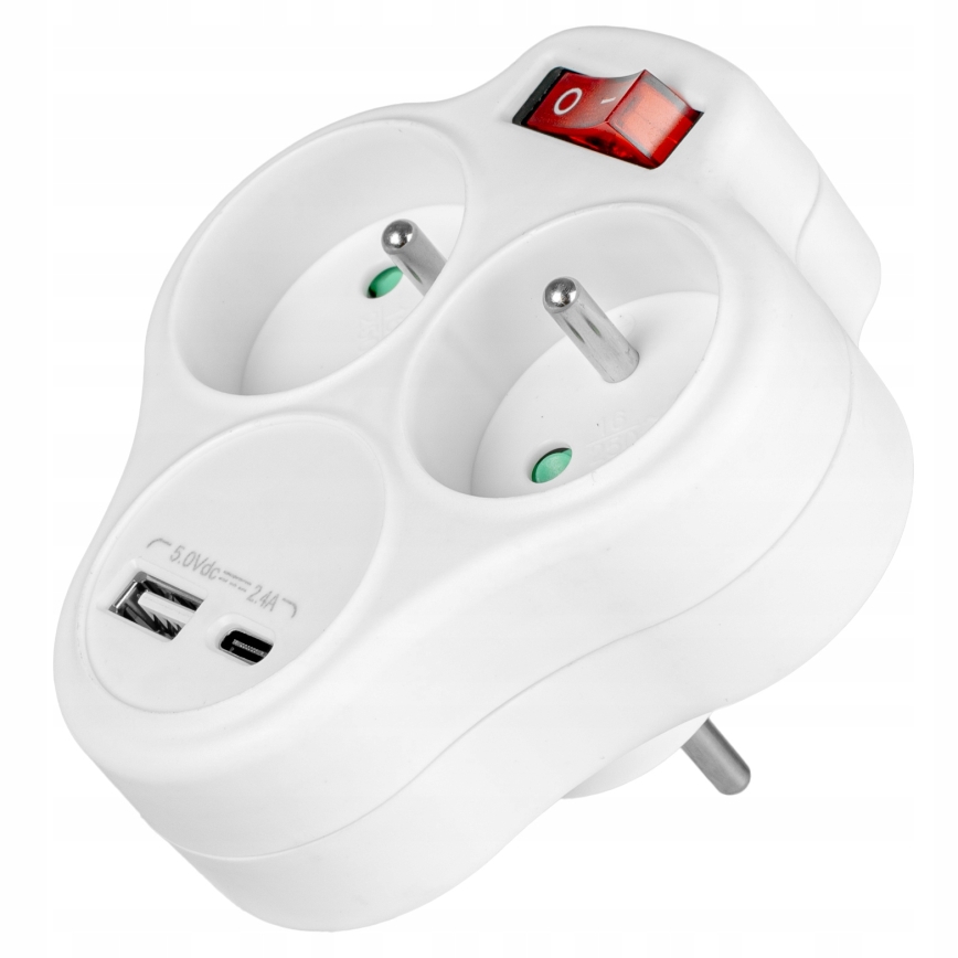Multipriză cu 2 prize și întrerupător + USB-C + USB-A