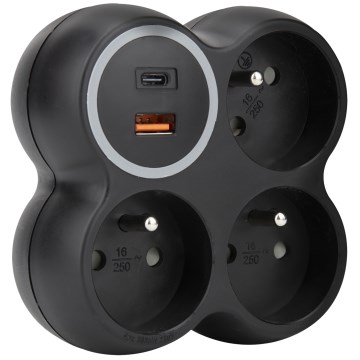 Multipriză cu 3 prize de 15 A, porturi USB-A și USB-C, neagră