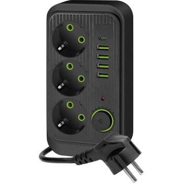 Multipriză cu întrerupător LINEA 3x230V + 5xUSB c.a. negru