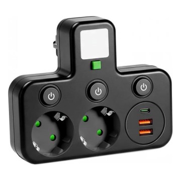 Multipriză LINEA PRO, 2 prize SCHUKO + 3xUSB A/C, cu întrerupător și iluminare LED 4000K, neagră
