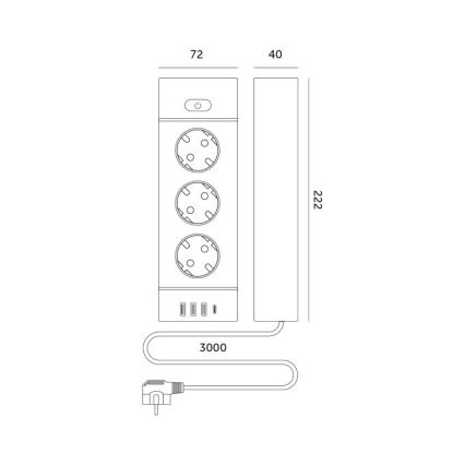 Multipriză LINEA PRO cu întrerupător, 3x230V + 3xUSB-A + 1xUSB-C, prize SCHUKO, cablu 3 m, albă