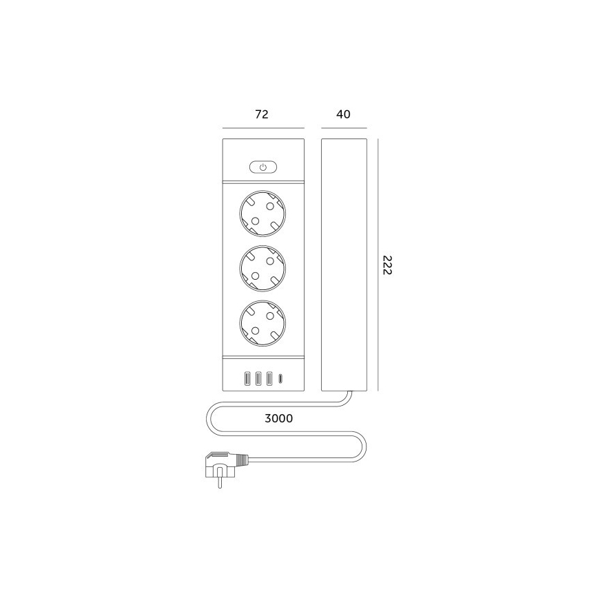 Multipriză LINEA PRO cu întrerupător, 3x230V + 3xUSB-A + 1xUSB-C, prize SCHUKO, cablu 3 m, albă