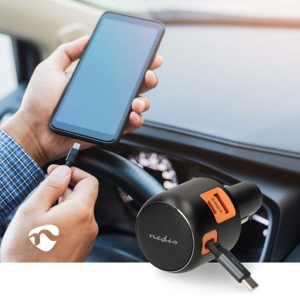 Încărcător auto cu cablu retractabil, Power Delivery 30 W, 2x USB-C + 1x USB-A