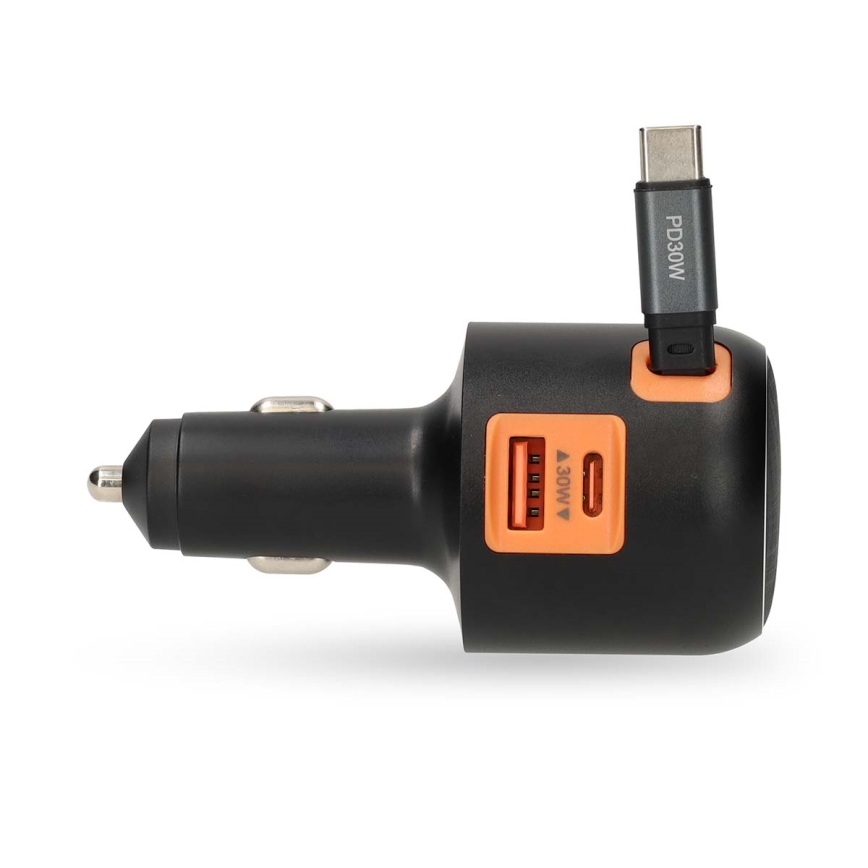 Încărcător auto cu cablu retractabil, Power Delivery 30 W, 2x USB-C + 1x USB-A