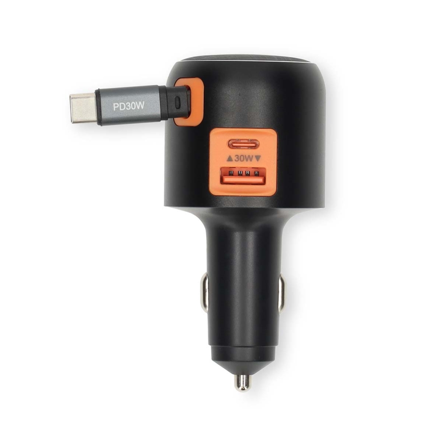 Încărcător auto cu cablu retractabil, Power Delivery 30 W, 2x USB-C + 1x USB-A