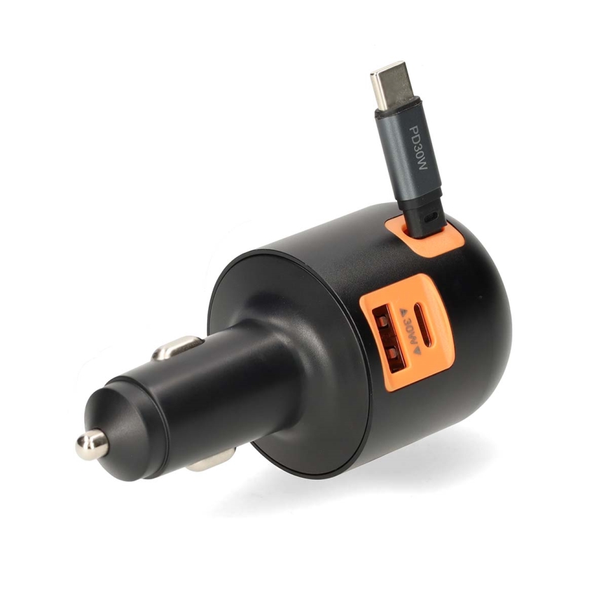 Încărcător auto cu cablu retractabil, Power Delivery 30 W, 2x USB-C + 1x USB-A