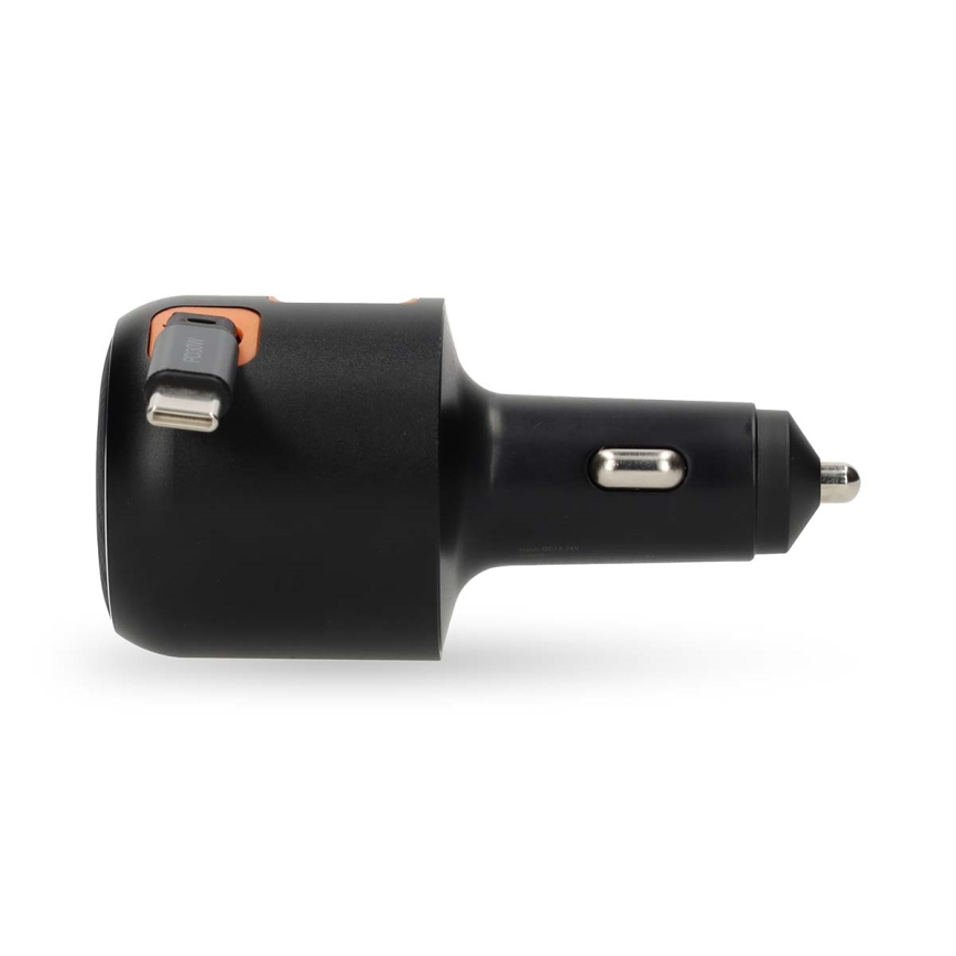 Încărcător auto cu cablu retractabil, Power Delivery 30 W, 2x USB-C + 1x USB-A